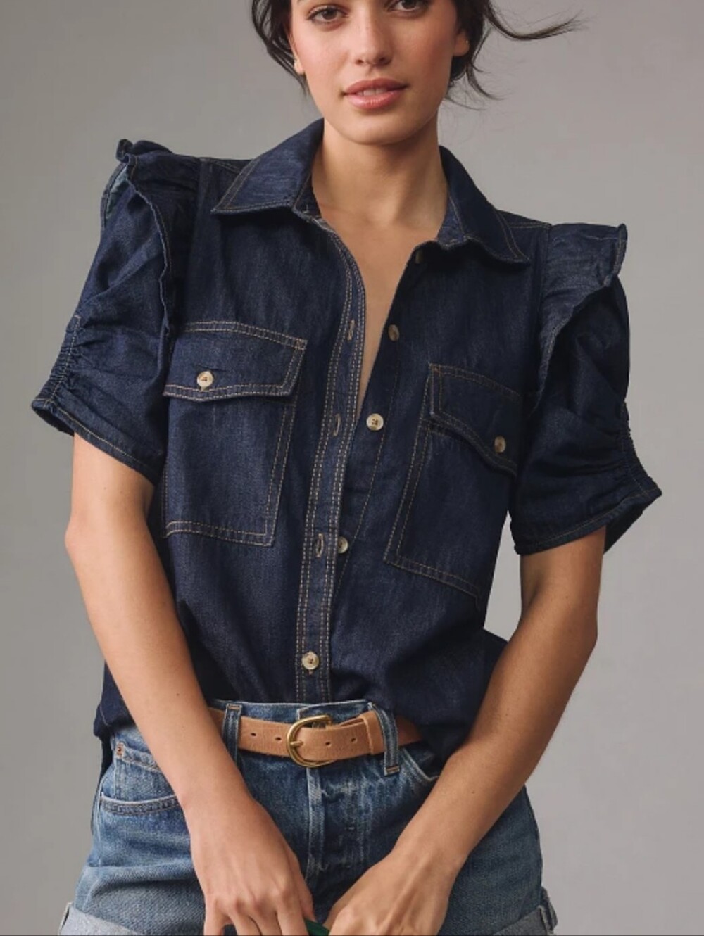 Anthropologie Pilcro The Ozzi Ruffle-Sleeve Buttondown Denim Shirt Women Small